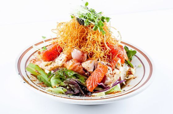 Sashimi Salad - Spicy. Salmon, tuna, and the chef's selection of sashimi.